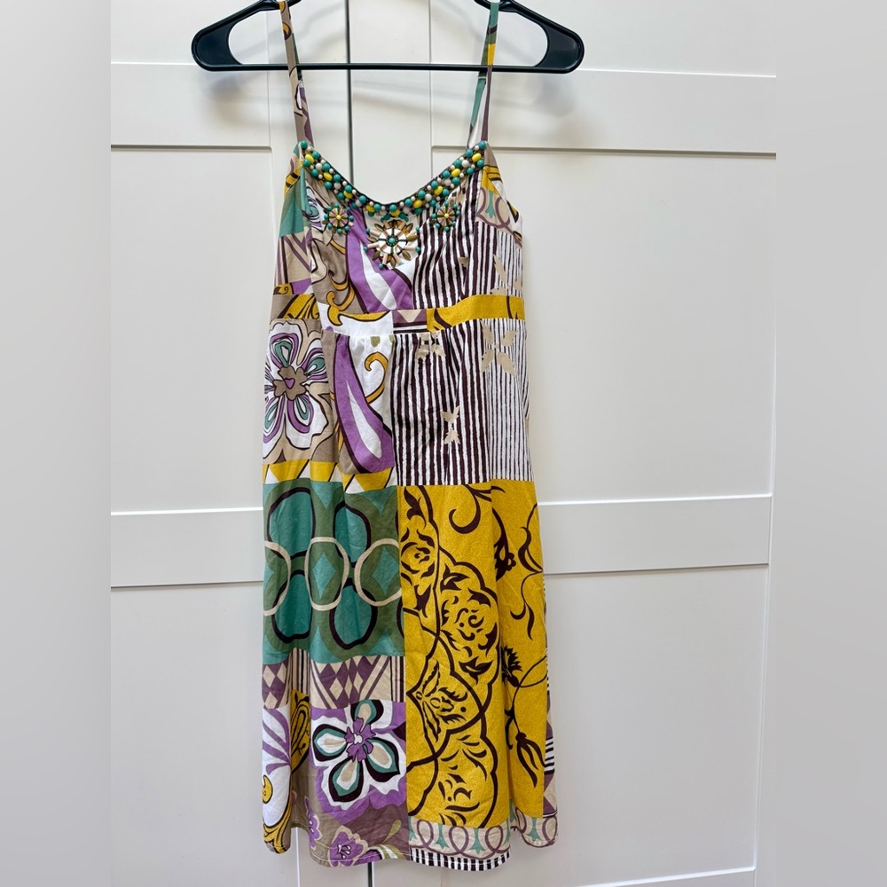CAbi Patchwork Beaded Sundress Boho Floral Patchwork Print Sun Dress Size 6 - Picture 7 of 13